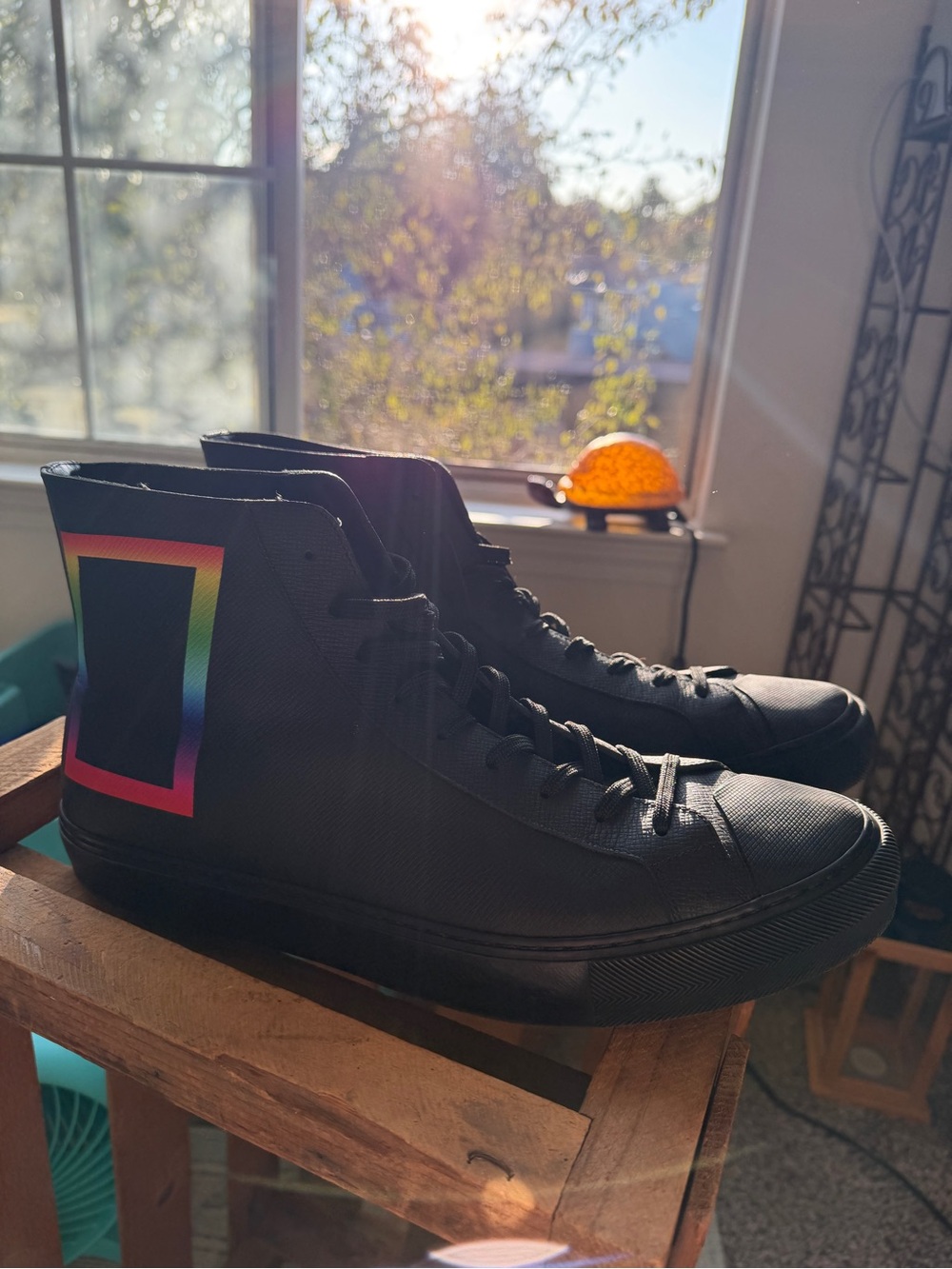 Louis Vuitton Black High-Top Sneakers with Rainbow Square Accent